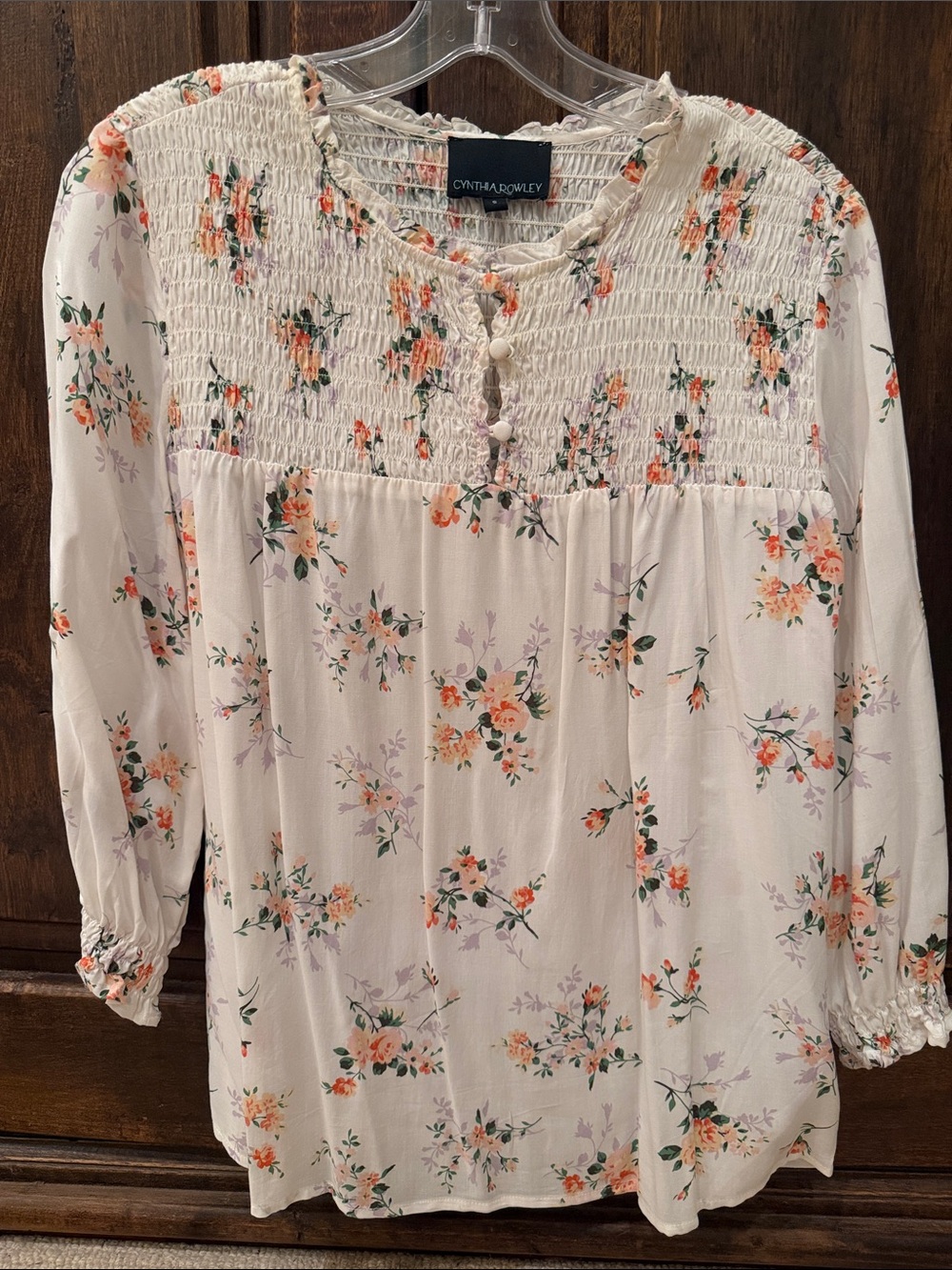 Cynthia Rowley Cream Floral Smocked Button-Front Blouse